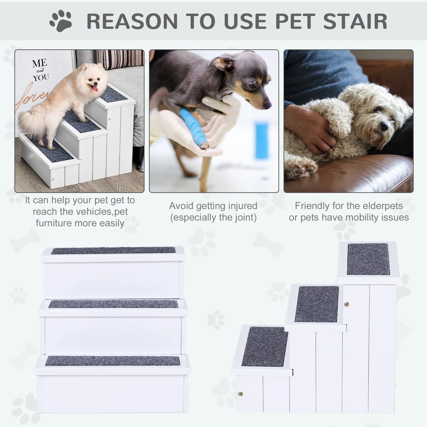 4 Step Wooden Carpeted Non Slip Petstairs Ramp for Cats and Small Dogs, White