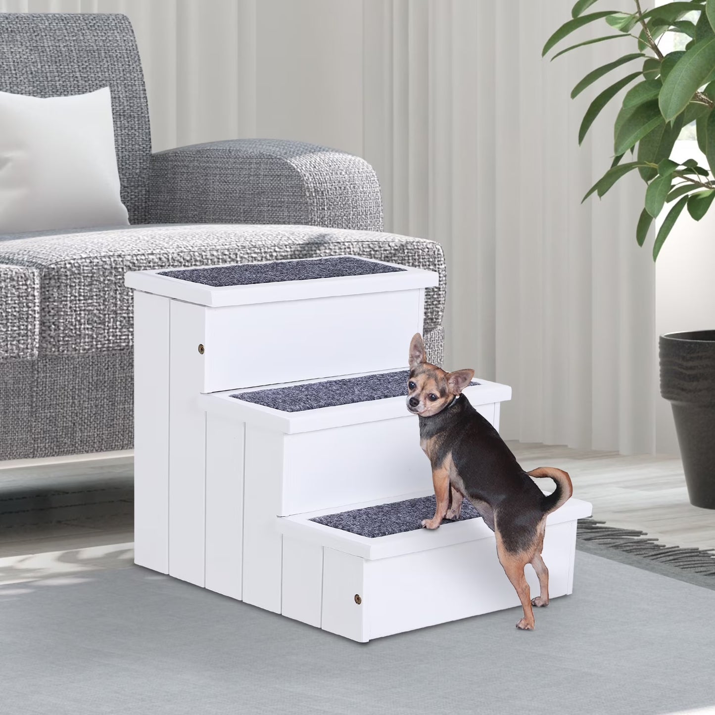 4 Step Wooden Carpeted Non Slip Petstairs Ramp for Cats and Small Dogs, White