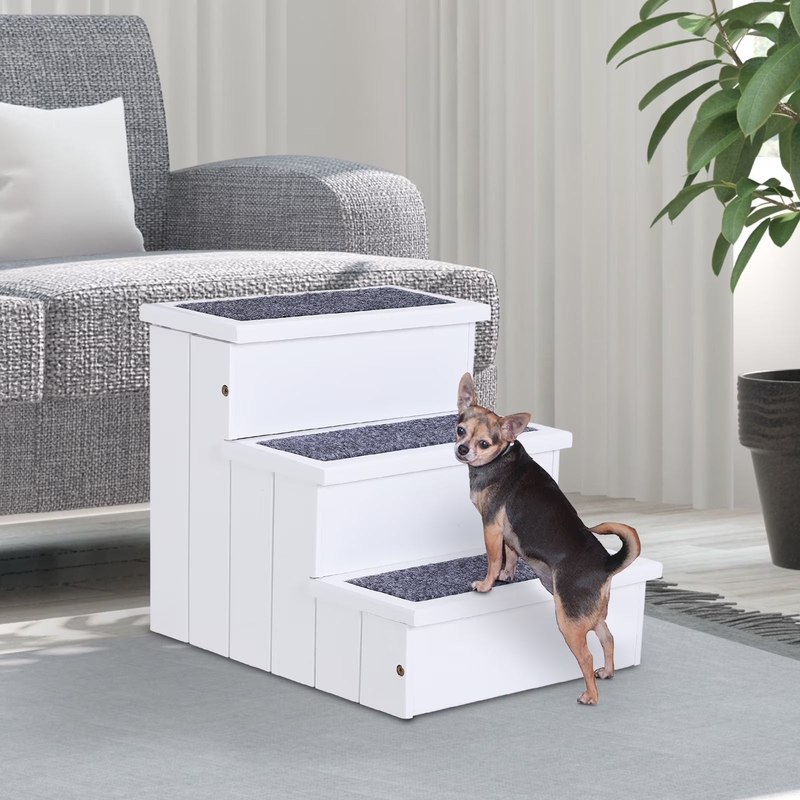 4 Step Wooden Carpeted Non Slip Petstairs Ramp for Cats and Small Dogs, White