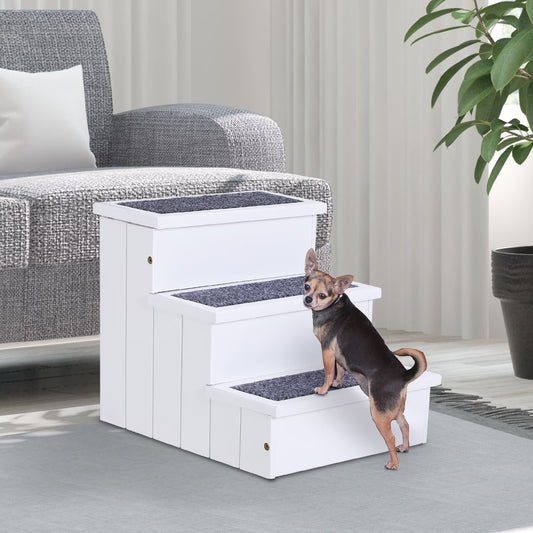 4 Step Wooden Carpeted Non Slip Petstairs Ramp for Cats and Small Dogs, White